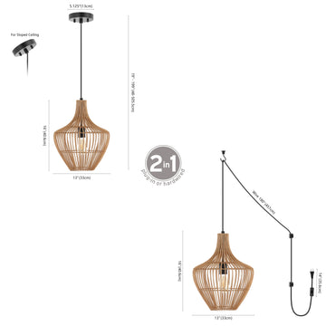Lucas 13" Farmhouse Coastal Rattan 180" Cord Plug-In or Hardwired LED Pendant - JONATHAN Y